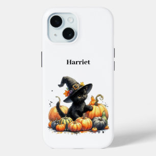 Coque Pour iPhone 15 Kitten d'Halloween noir avec Citrouilles et Casque