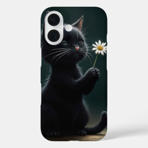 Coque Pour iPhone 16 Kitten noir avec marguerite blanche