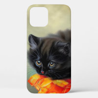 Kitten noir vintage avec couverture de fleurs roug