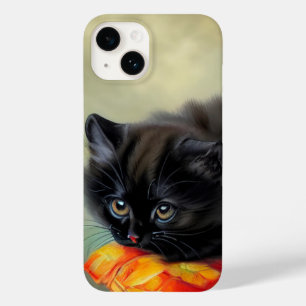 Coque Pour iPhone 14 Kitten noir vintage avec couverture de fleurs roug