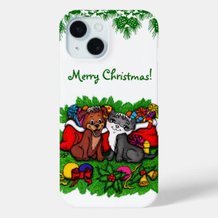 Coque Pour iPhone 15 Kitty et chiot, Happy XMas