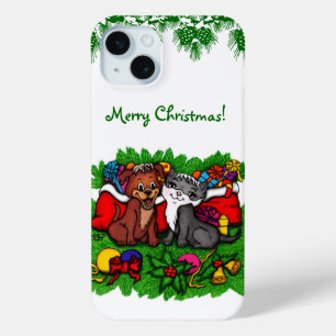 Coque iPhone 15 Mini Kitty et chiot, Happy XMas