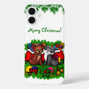 Coques iPhone 16 Plus Kitty et chiot, Happy XMas