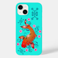 Koi poisson oriental floral orange turquoise