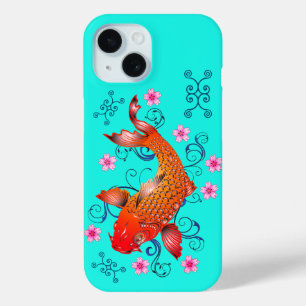 Coque Pour iPhone 15 Koi poisson oriental orange turquoise floral éléga