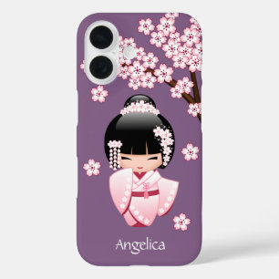 Coque Pour iPhone 16 Kokeshi Doll au kimono rose sur fond violet