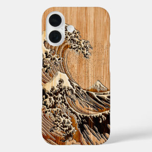 Coque Pour iPhone 16 La Grande Vague Hokusai Bois de Bambou Design