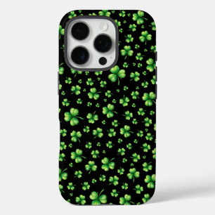 Coques iPhone 16 Pro La Saint-Patrick Aquarelle Trèfle sur fond noir
