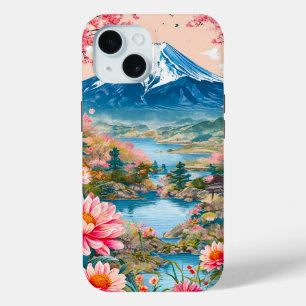 Coque Pour iPhone 15 Lac de montagne avec fleurs en fleurs