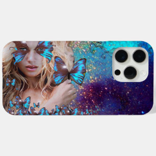 Coque iPhone 15 Pro Max LADY AVEC BUTTERFLY BLEU FLORAL OR SPARKLES iPho
