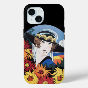 Coque Pour iPhone 15 Lady avec Fleurs Chrysanthemum, Noir
