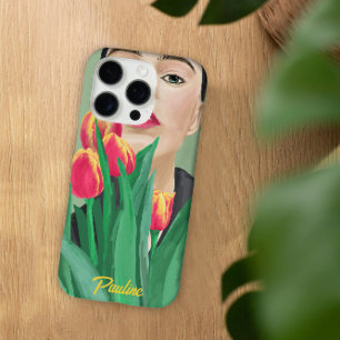 Coques iPhone 16 Pro Lady & Tulip Green Orange moderne peinture graphiq