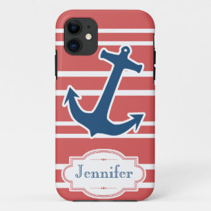 Coques Pour iPhone L'Ancre nautique bleue avec le rouge barre le