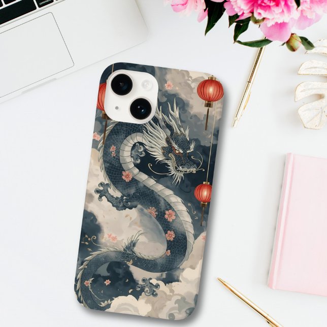 Coques Case-Mate iPhone Lanternes de dragon bleu chinois (Créateur téléchargé)