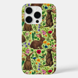 Coques iPhone 16 Pro Lapins et fleurs sauvages sur le vert miel
