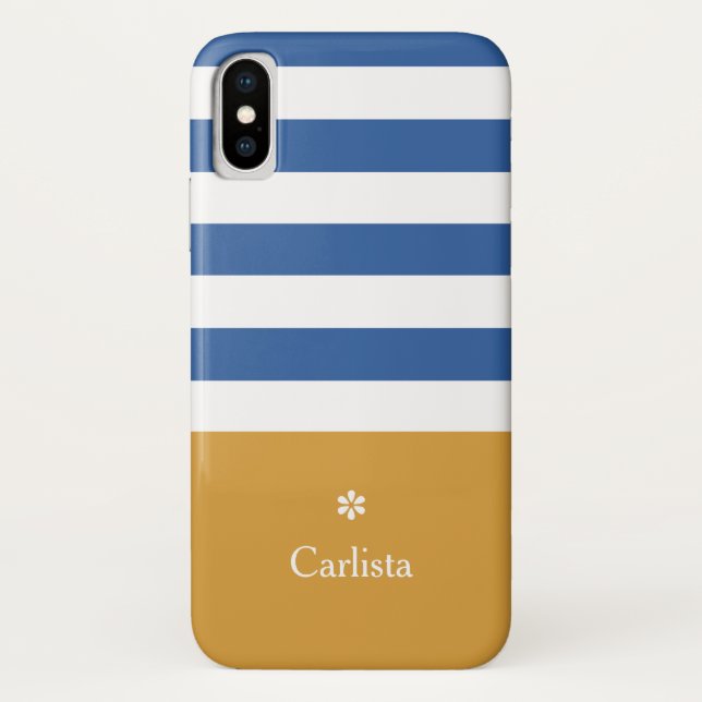 Coques Case-Mate iPhone Larges bandes horizontales bleues Nom Or et margue (Dos)