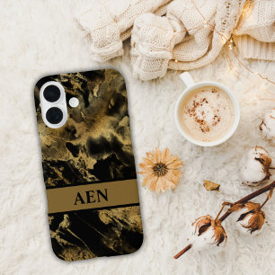 Coque Pour iPhone 16 Lavage à l'aquarelle de marbre noir et or Monogram