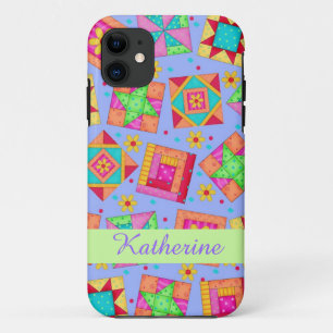 Coque iPhone 11 Lavender Patchwork Quilt Art Nom personnalisé