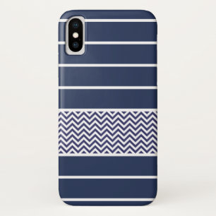 Coque iPhone X Le blanc moderne de bleu marine barre le motif de