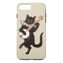 Le chat noir aux yeux verts vintage joue un banjo