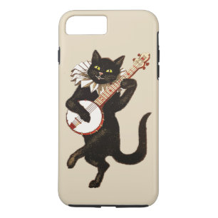 Coque iPhone 7 Plus Le chat noir aux yeux verts vintage joue un banjo