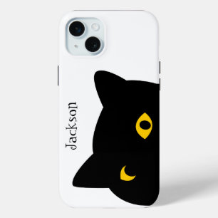 Coque iPhone 15 Mini Le chat noir vous regarde avec les yeux dorés cout