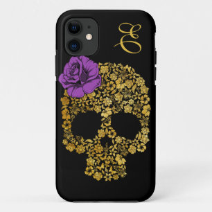Coques Pour iPhone Le crâne floral d'or avec s'est levé cas de
