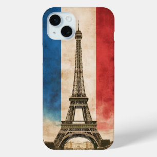 Coque iPhone 15 Mini Le drapeau français et la Tour Eiffel