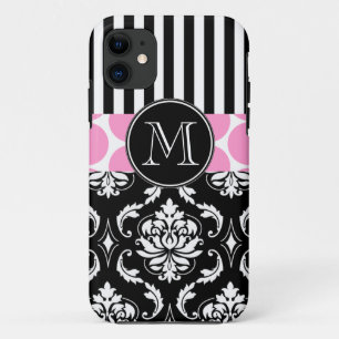 ETUI iPhone Case-Mate LE NOIR ROSE GIRLY BARRE LE MONOGRAMME DE DAMASSÉ