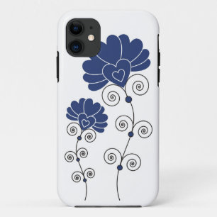 Coque iPhone 11 Le noir tourbillonne motif de fleurs bleu - blanc