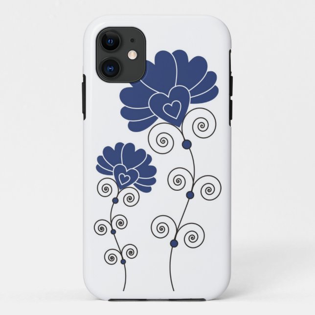 Coques Case-Mate iPhone Le noir tourbillonne motif de fleurs bleu - blanc (Dos)