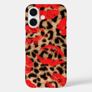 Coque Pour iPhone 16 Leopard Kiss rouge à lèvres baisers