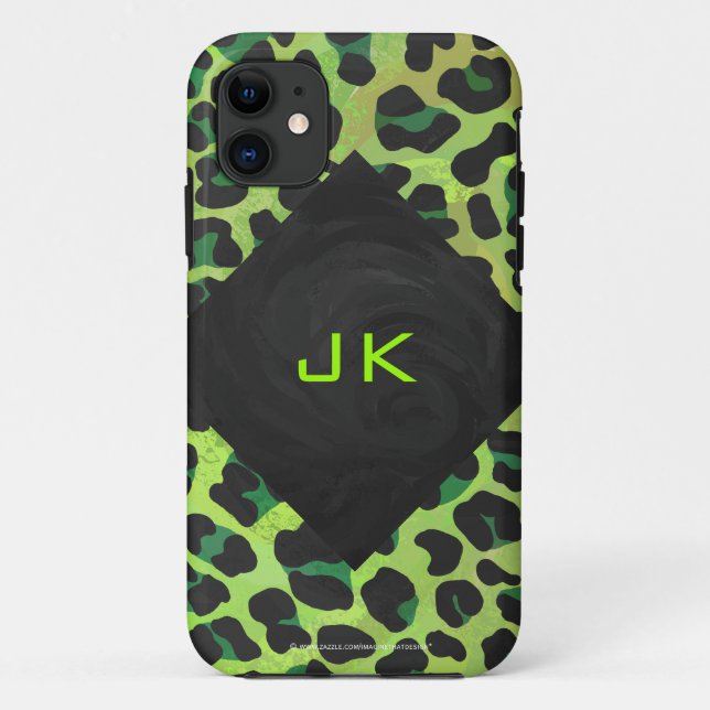 Coques Case-Mate iPhone Léopard noir et vert avec Monogramme (Dos)
