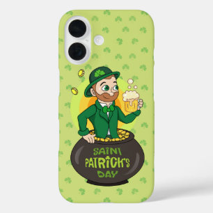 Coque Pour iPhone 16 Leprechaun de dessin dans une casserole d'or tenan