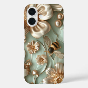Coque Pour iPhone 16 Les abeilles 3D Celadon et les fleurs Puffy Style 