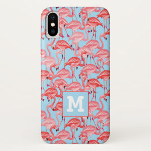 Coque iPhone X Les Flamants roses roses lumineux sur le bleu