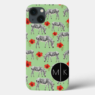 Coques Pour iPhone Les zèbres parmi des ketmies fleurit le monogramme