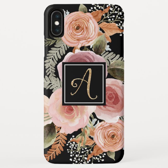 Coques Case-Mate iPhone Lettre A Aquarelle noire Florale BOHO Monogramme (Dos)