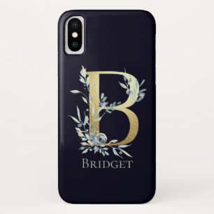 Case-Mate iPhone Case Lettre B Monogramme Doré Fleurs Bleues Marine Nom