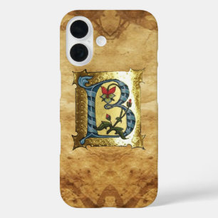 COQUES iPhone 16  LETTRE BLEUE OR B AVEC MONOGRAM FLEURS