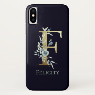 Case-Mate iPhone Case Lettre F Monogramme Doré Fleur Bleue Foncé Nom