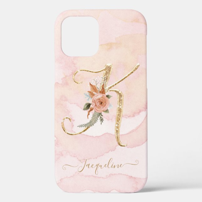 Coques Case-Mate iPhone LETTRE Florale K Script Gold Monogramme Aquarelle (Verso)