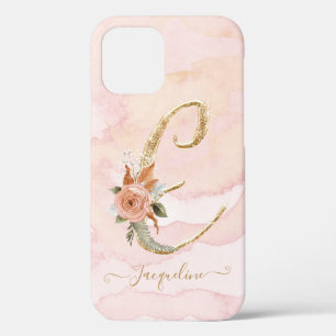 Case-Mate iPhone Case Lettre monogramme E Script Aquarelle or Florale