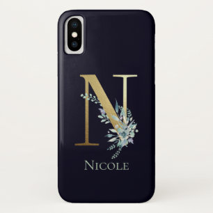 Case-Mate iPhone Case Lettre monogramme or N Fleur Navy bleu Nom
