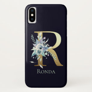Case-Mate iPhone Case Lettre Monogramme Or R Bleu Marine Floral Nom