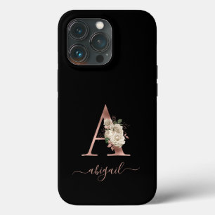 Case-Mate iPhone Case LETTRE MONOGRAPHIQUE D'OR Rose Floral "A" Noir