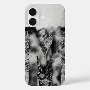 Coque Pour iPhone 16 LETTRE NOIRE ET BLANCHE M Aquarelle Florale Trippy