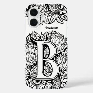 Coque Pour iPhone 16 Lettre personnalisée B Fleurs de tatouage noir bla