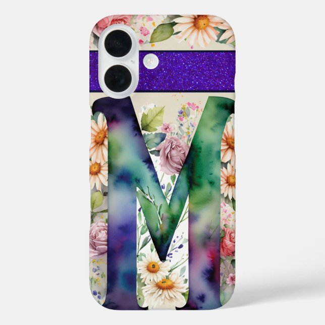 Coques Case-Mate iPhone Lettre personnalisée M Elégante aquarelle florale (Verso)