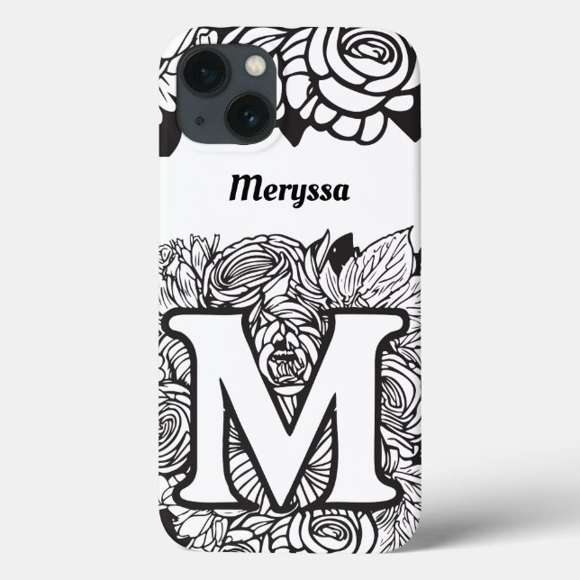 Coques Case-Mate iPhone Lettre personnalisée M Fleurs de tatouage noir bla (Verso)